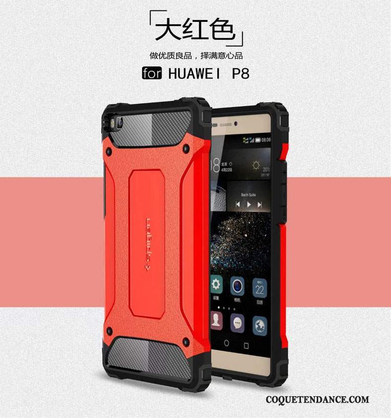 Huawei P8 Coque Étui Silicone Rouge Métal Trois Défenses