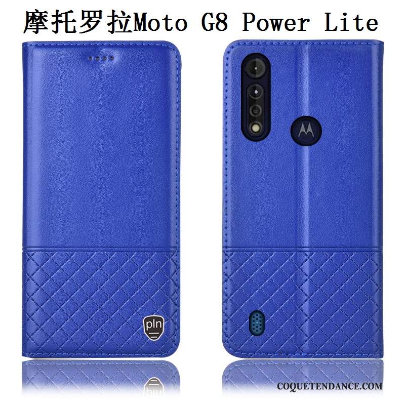 Moto G8 Power Lite Coque Bleu Incassable De Téléphone Étui En Cuir Cuir Véritable