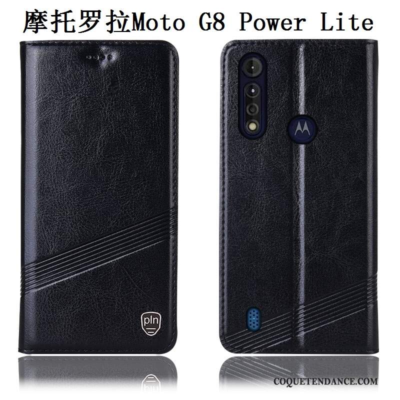 Moto G8 Power Lite Coque Cuir Véritable De Téléphone Protection Modèle Fleurie Noir