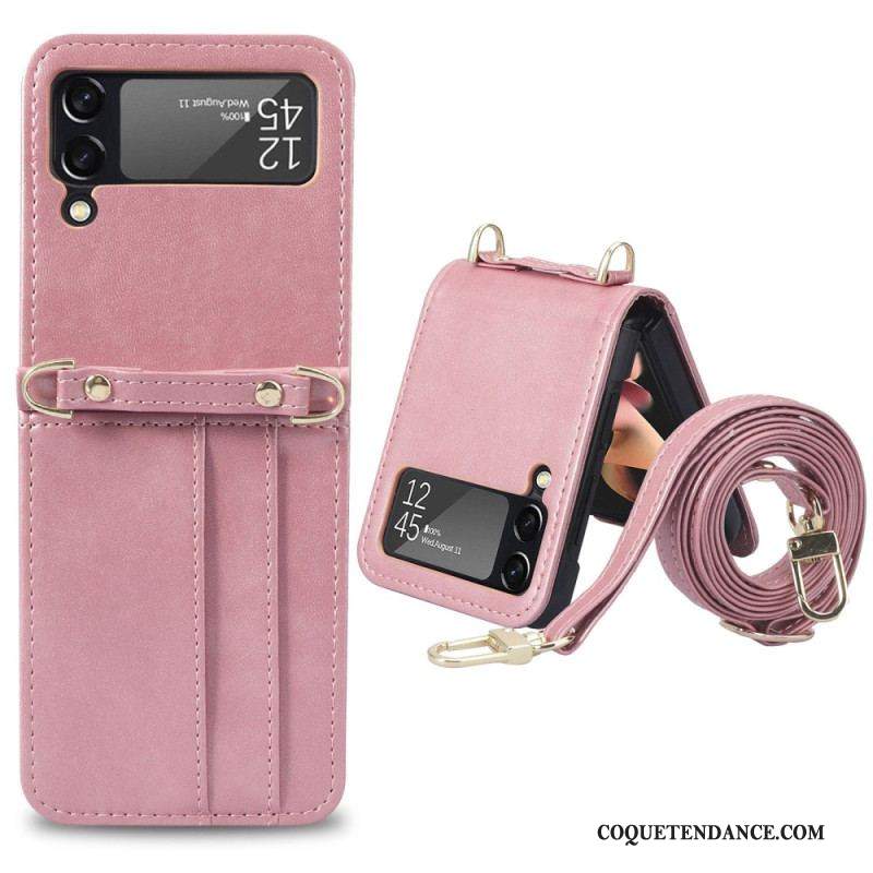 Coque Samsung Galaxy Z Flip 4 Style Cuir Porte-Cartes et Lanière