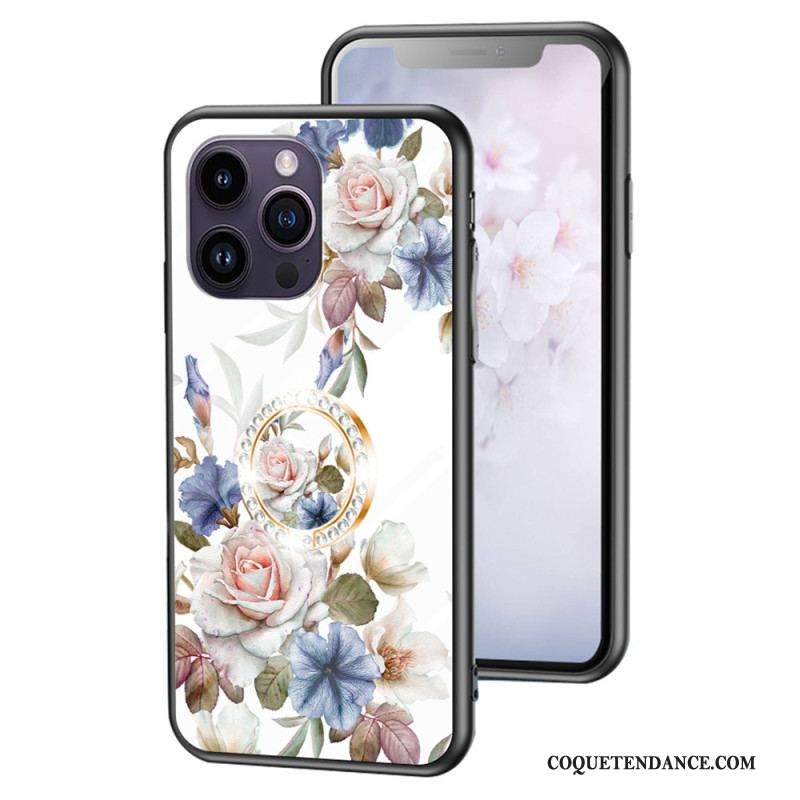 Coque iPhone 15 Pro Max Verre Trempé Floral avec Anneau-Support