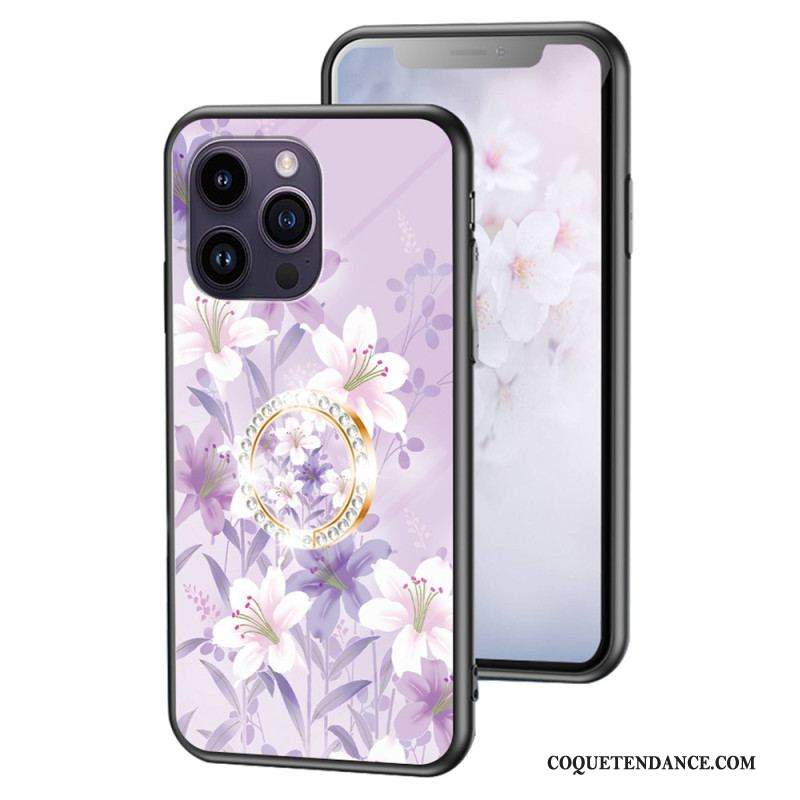 Coque iPhone 15 Pro Max Verre Trempé Floral avec Anneau-Support