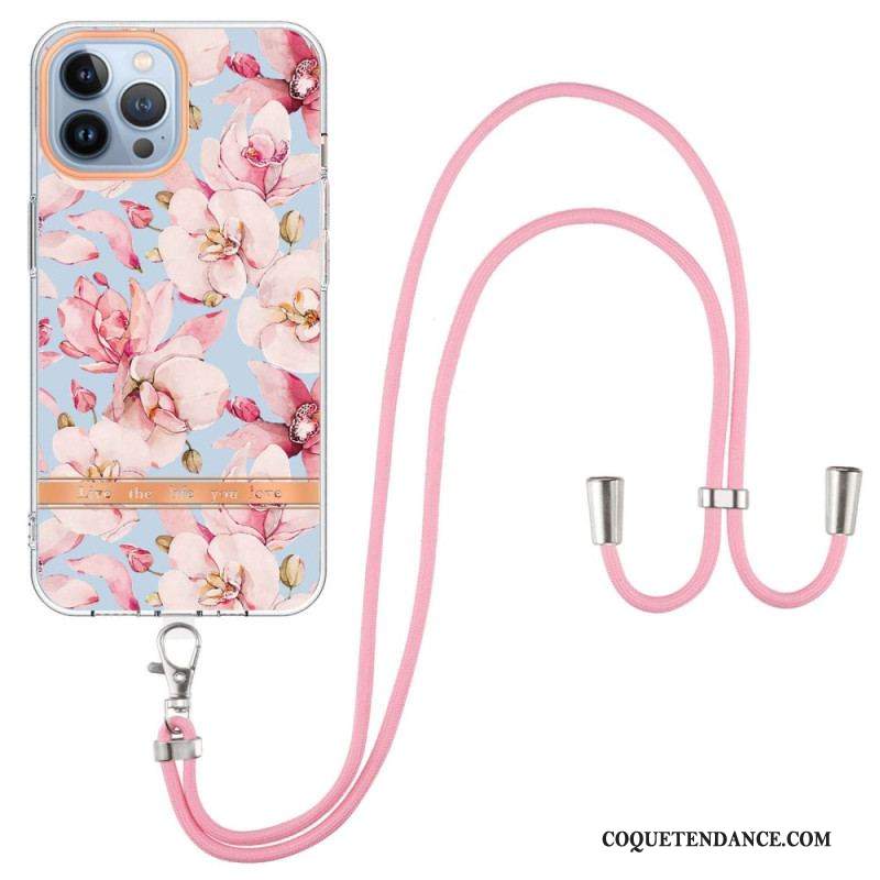 Coque iPhone 15 Pro Max à Cordon Fleurs