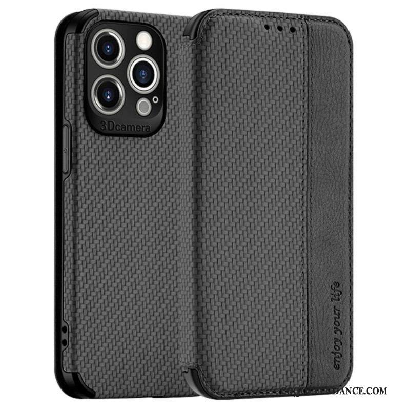 Flip Cover iPhone 14 Pro Fibre Carbone Fermoir Ventouse