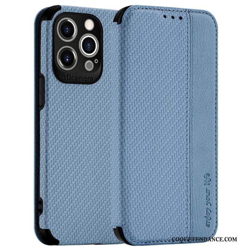 Flip Cover iPhone 14 Pro Fibre Carbone Fermoir Ventouse