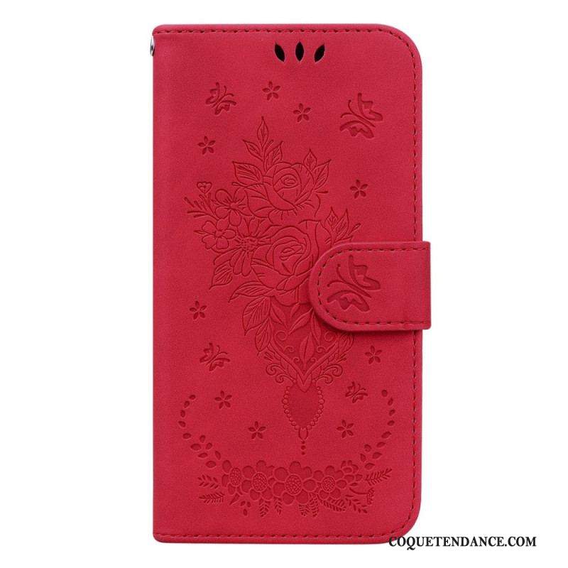Housse Samsung Galaxy S23 Ultra 5G Roses et Papillons à Lanière