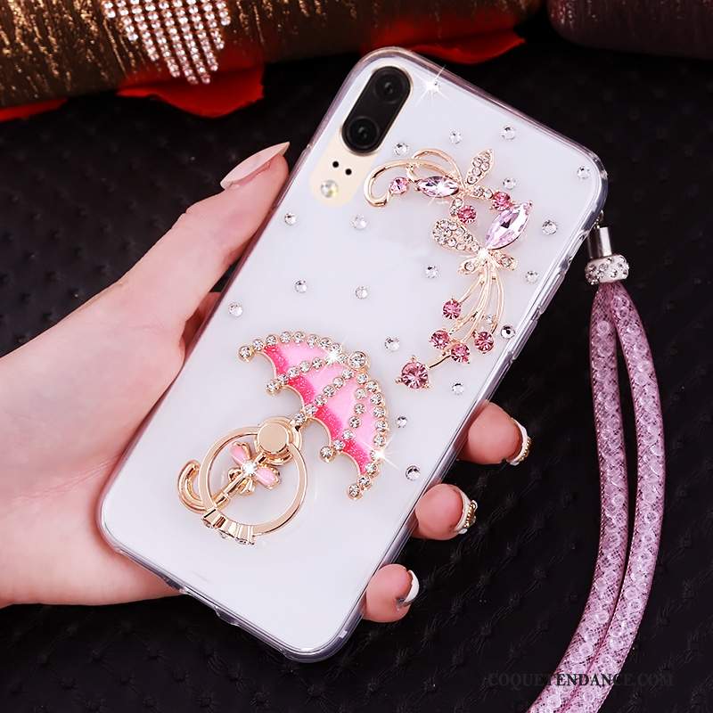 Huawei P20 Coque Strass Fluide Doux Transparent De Téléphone Ornements Suspendus