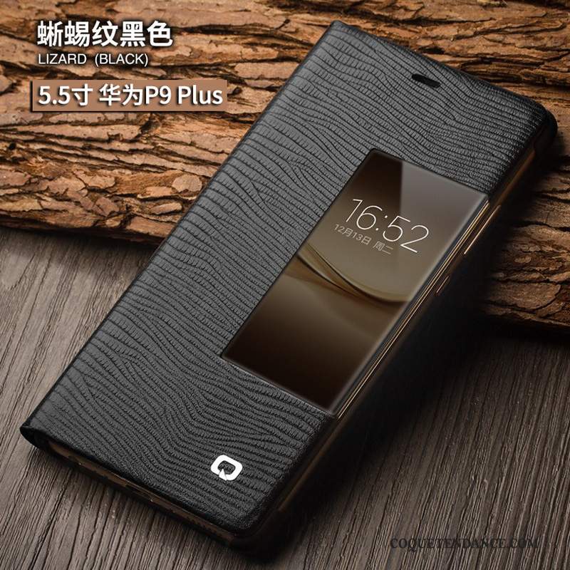 Huawei P9 Coque Noir Cuir Véritable Protection Housse Étui