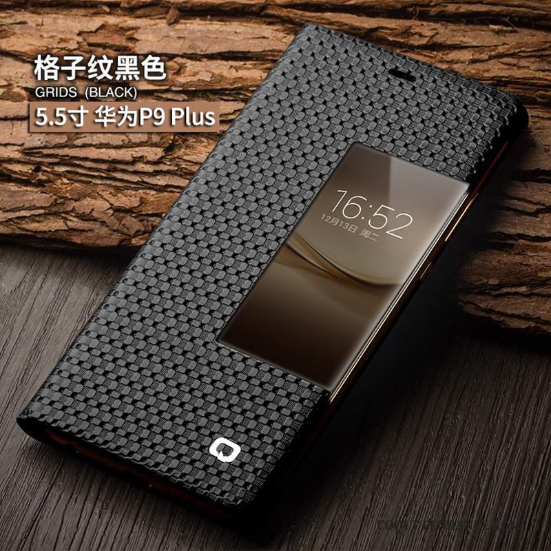 Huawei P9 Coque Noir Cuir Véritable Protection Housse Étui