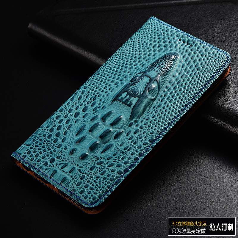 Huawei Y7 2019 Coque Cuir Véritable Bleu Étui En Cuir Protection Crocodile