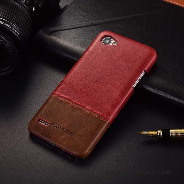 Lg Q6 Coque Protection Très Mince Cuir Véritable Marron Étui