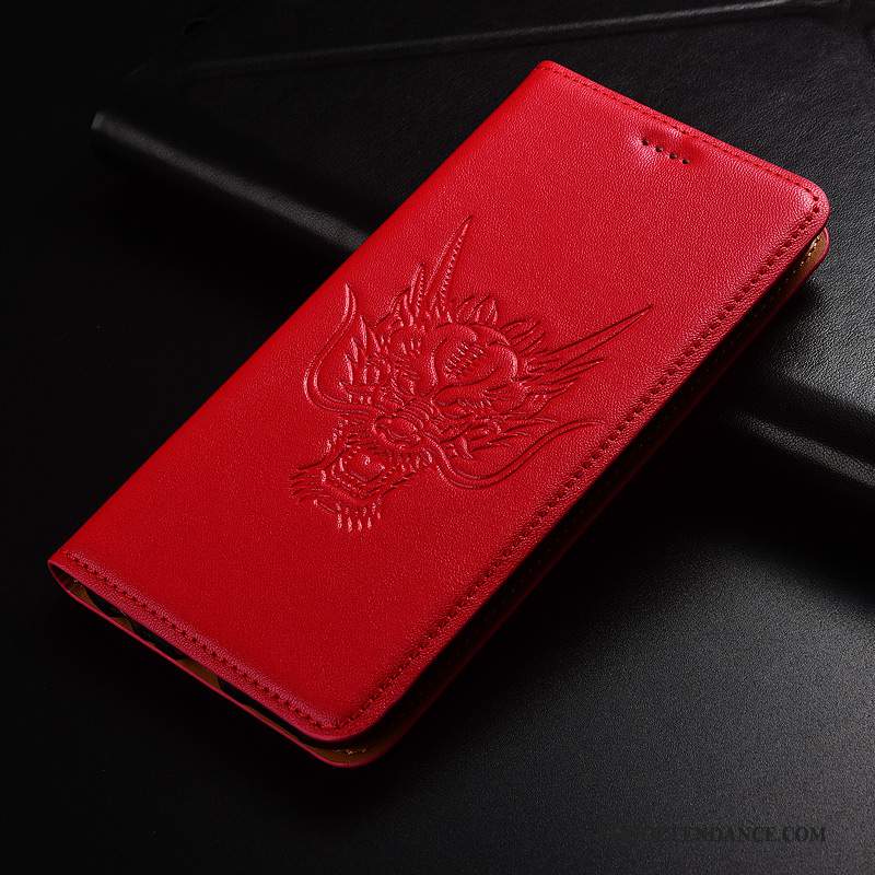 Moto G7 Coque Cuir Véritable Étui Dragon Rouge De Téléphone