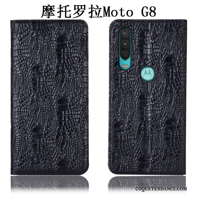 Moto G8 Coque Étui Incassable Protection Bleu Cuir Véritable