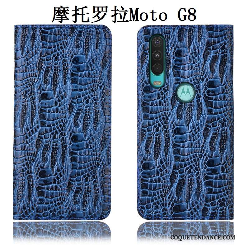 Moto G8 Coque Étui Incassable Protection Bleu Cuir Véritable