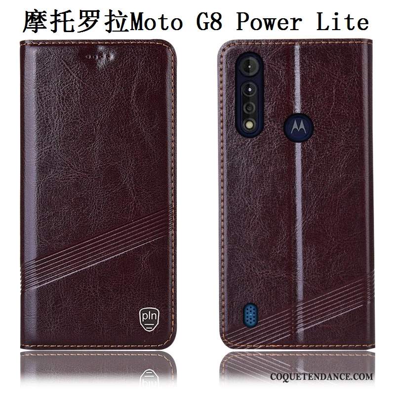 Moto G8 Power Lite Coque Cuir Véritable De Téléphone Protection Modèle Fleurie Noir