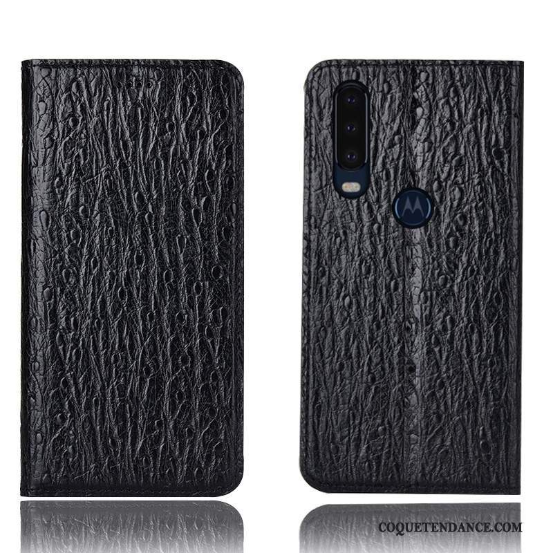 Motorola One Action Coque Housse Bleu Cuir Véritable Modèle Fleurie Protection