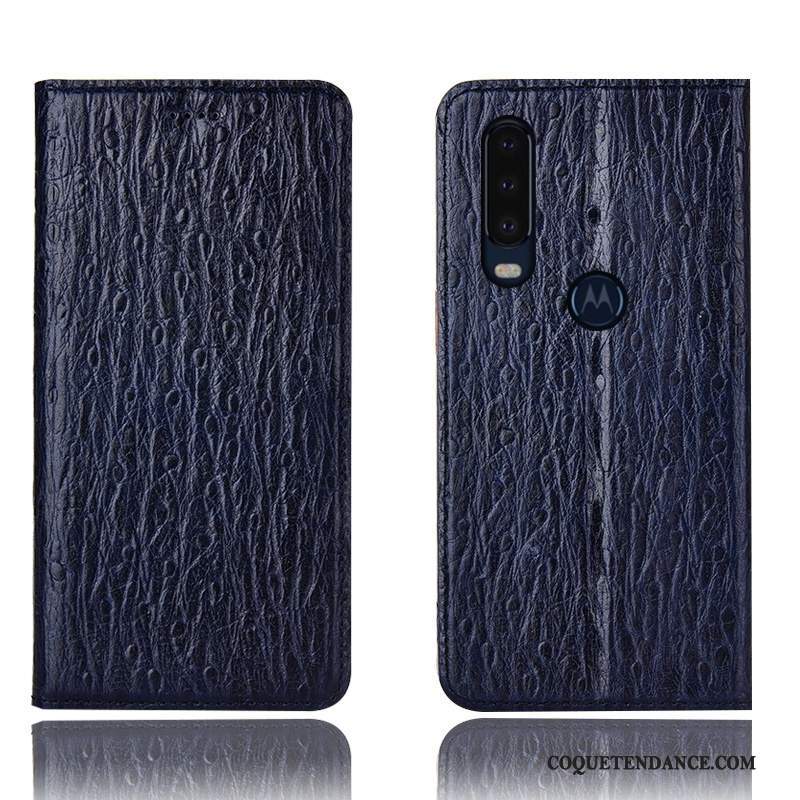 Motorola One Action Coque Housse Bleu Cuir Véritable Modèle Fleurie Protection