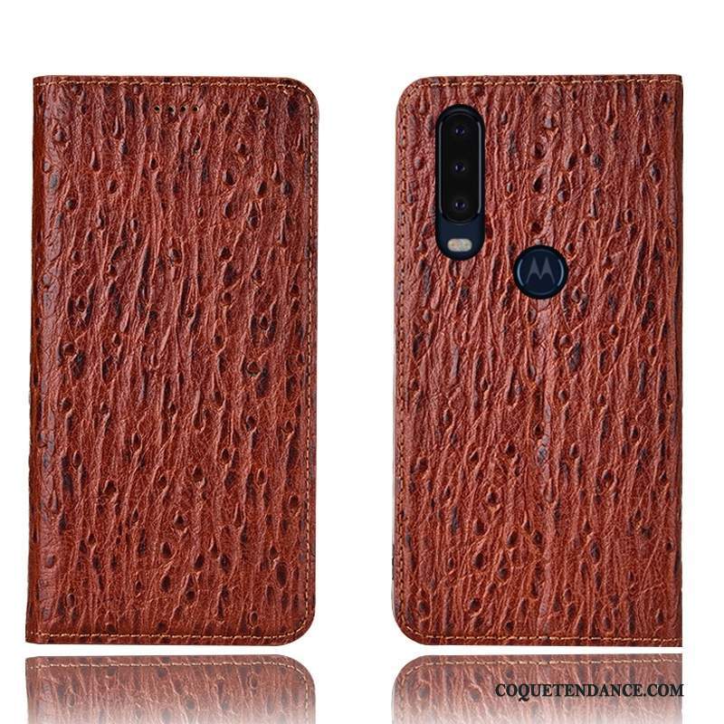 Motorola One Action Coque Housse Bleu Cuir Véritable Modèle Fleurie Protection