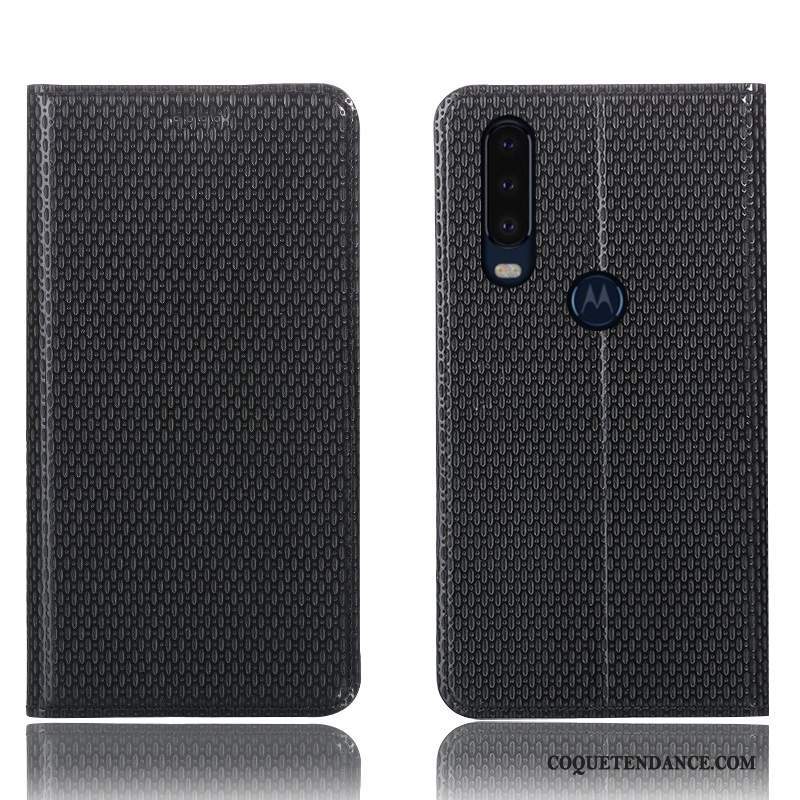 Motorola One Action Coque Housse Modèle Fleurie Cuir Véritable Étui Bleu