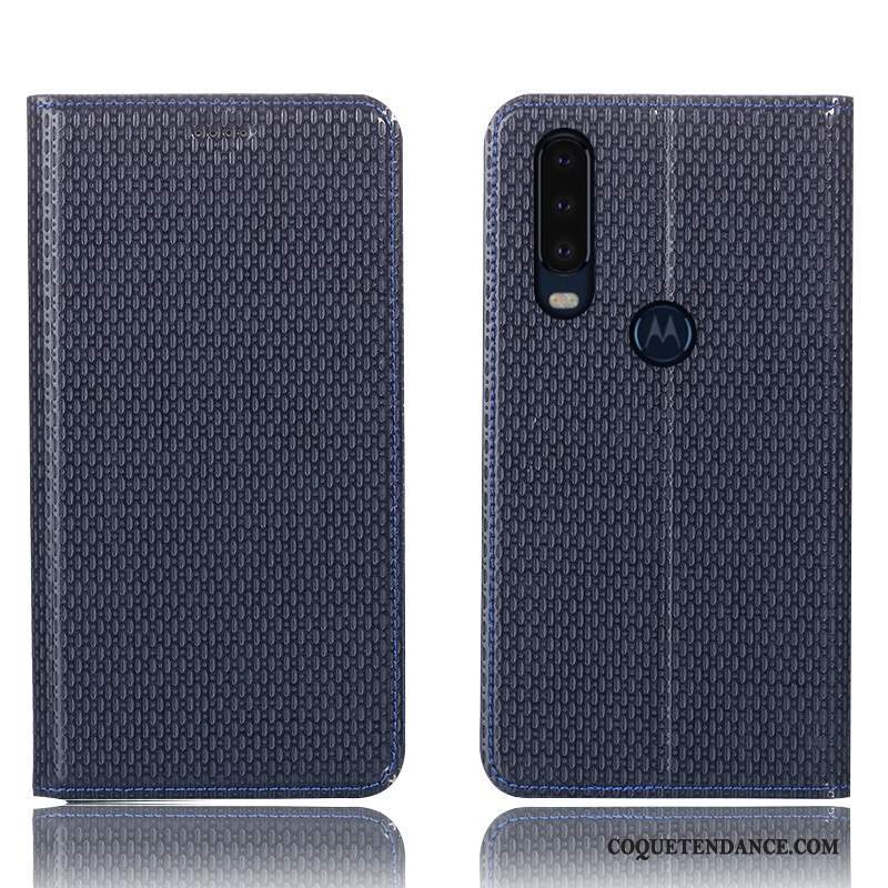 Motorola One Action Coque Housse Modèle Fleurie Cuir Véritable Étui Bleu