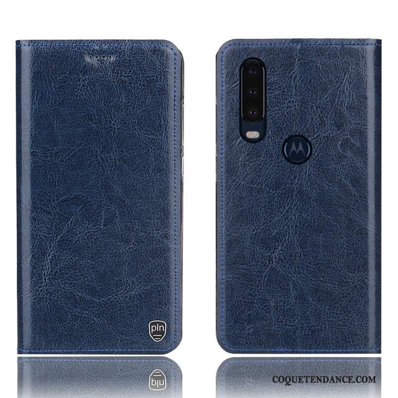 Motorola One Action Coque Housse Protection Incassable Cuir Véritable Bleu