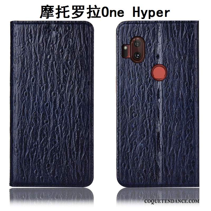 Motorola One Hyper Coque Incassable Bleu Marin De Téléphone Modèle Fleurie Cuir Véritable