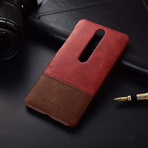 Nokia 5.1 Plus Coque Étui Rouge Protection Cuir Véritable