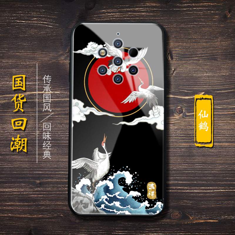 Nokia 9 Pureview Coque Style Chinois Noir Verre Net Rouge