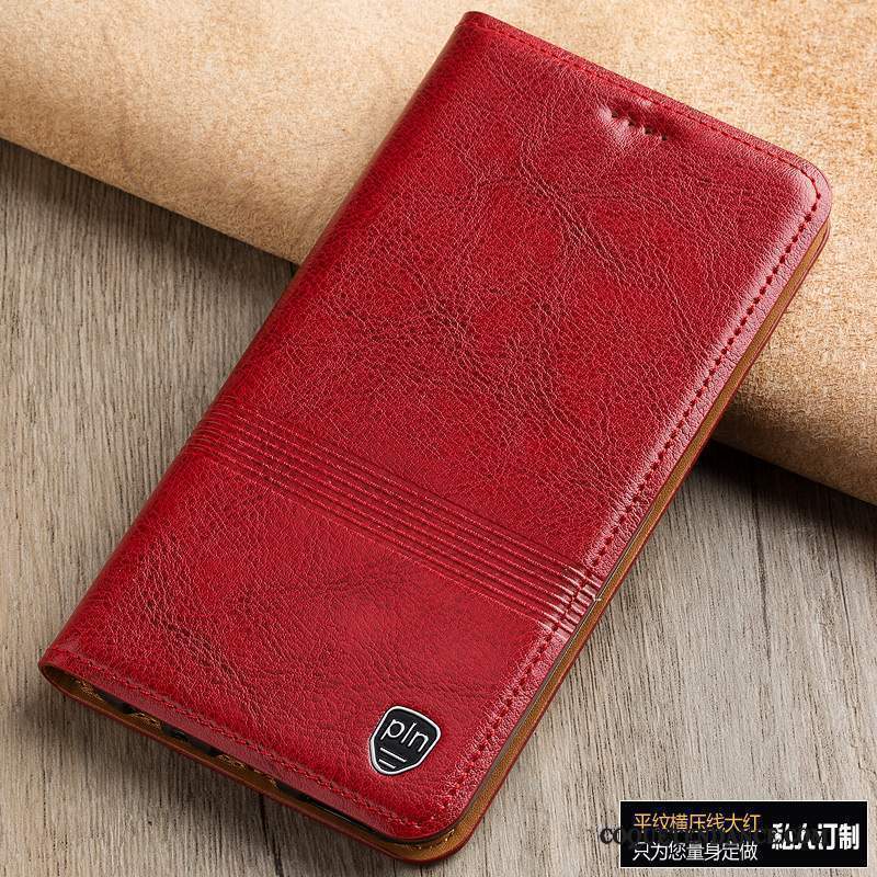 Redmi Note 5 Coque Protection Cuir Véritable Étui En Cuir Rouge Housse