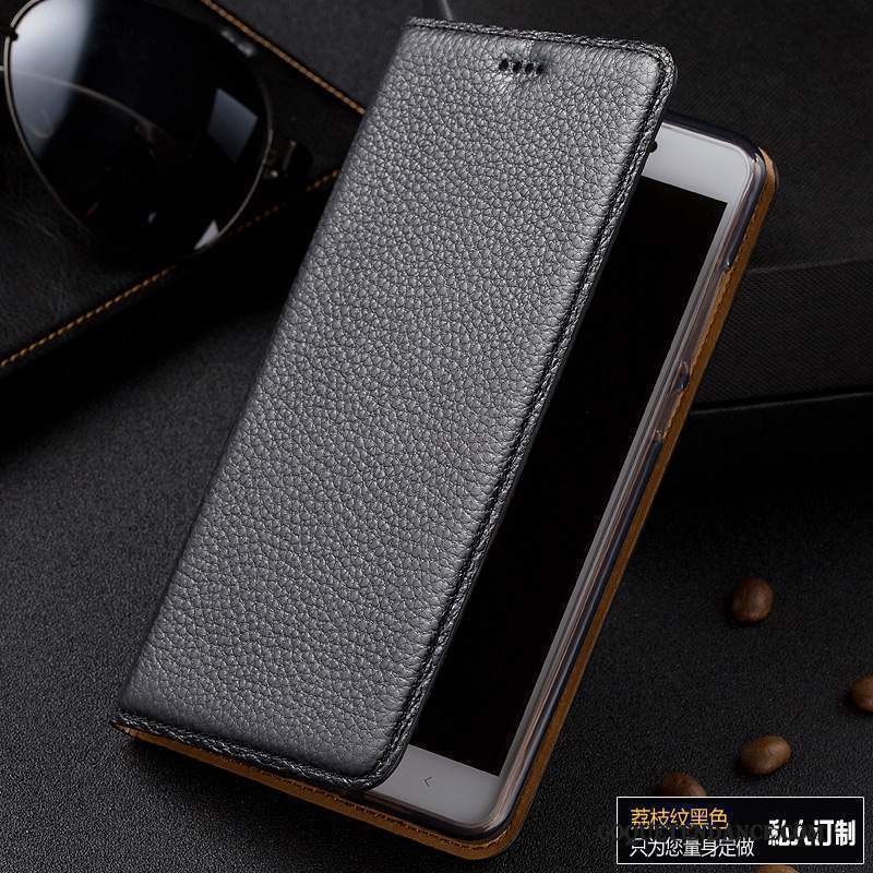 Redmi Note 5a Coque Noir Rouge Étui En Cuir Cuir Véritable Litchi