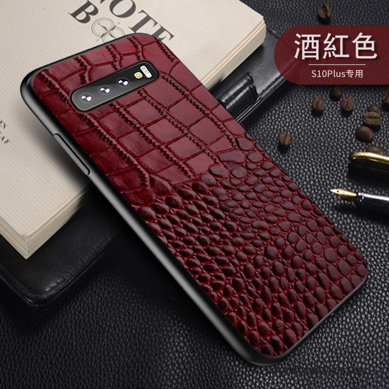 Samsung Galaxy S10+ Coque Vin Rouge Support Cuir Véritable Magnétisme Marque De Tendance