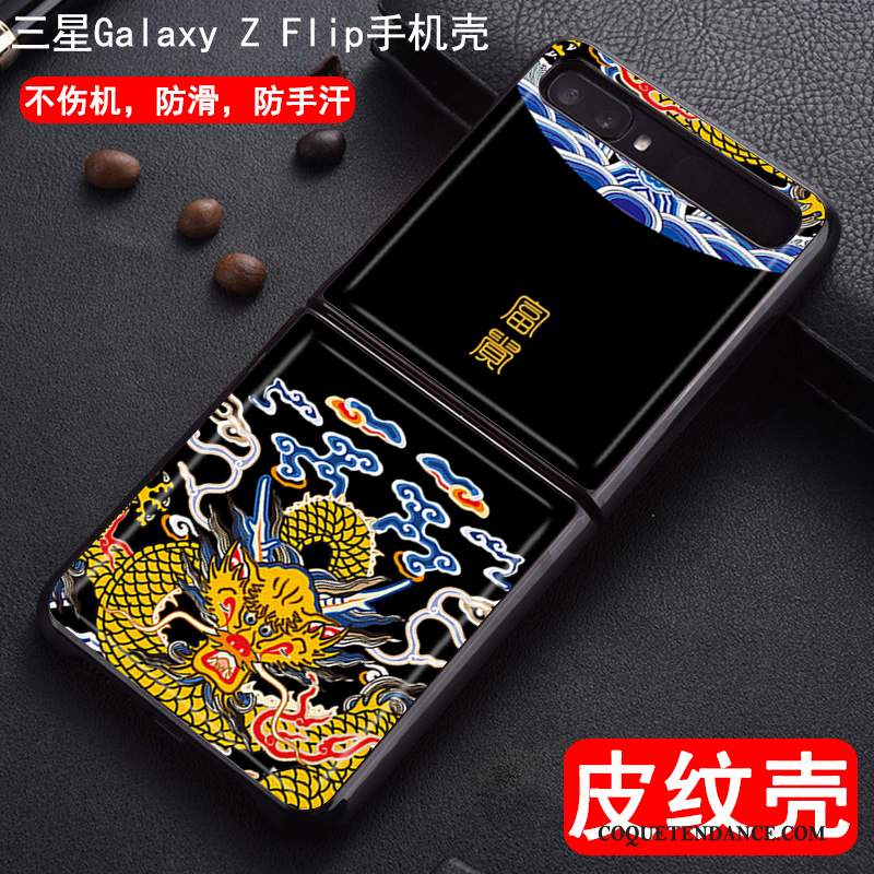 Samsung Z Flip Coque Cuir Noir Dessin Animé Dragon