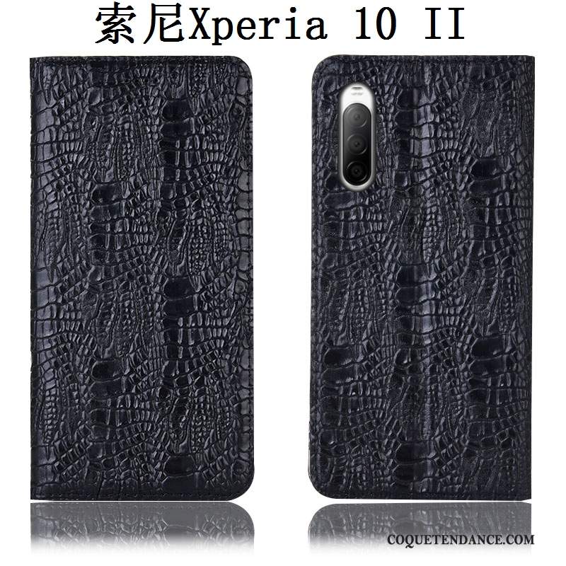 Sony Xperia 10 Ii Coque Incassable Cuir Véritable Noir Crocodile Étui