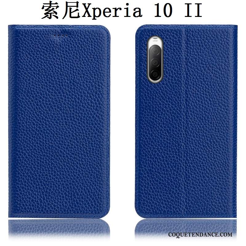 Sony Xperia 10 Ii Coque Protection Litchi Bleu Étui Cuir Véritable