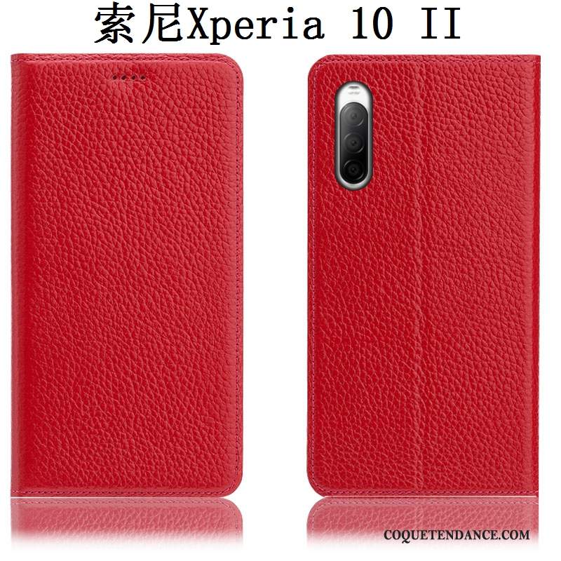 Sony Xperia 10 Ii Coque Protection Litchi Bleu Étui Cuir Véritable