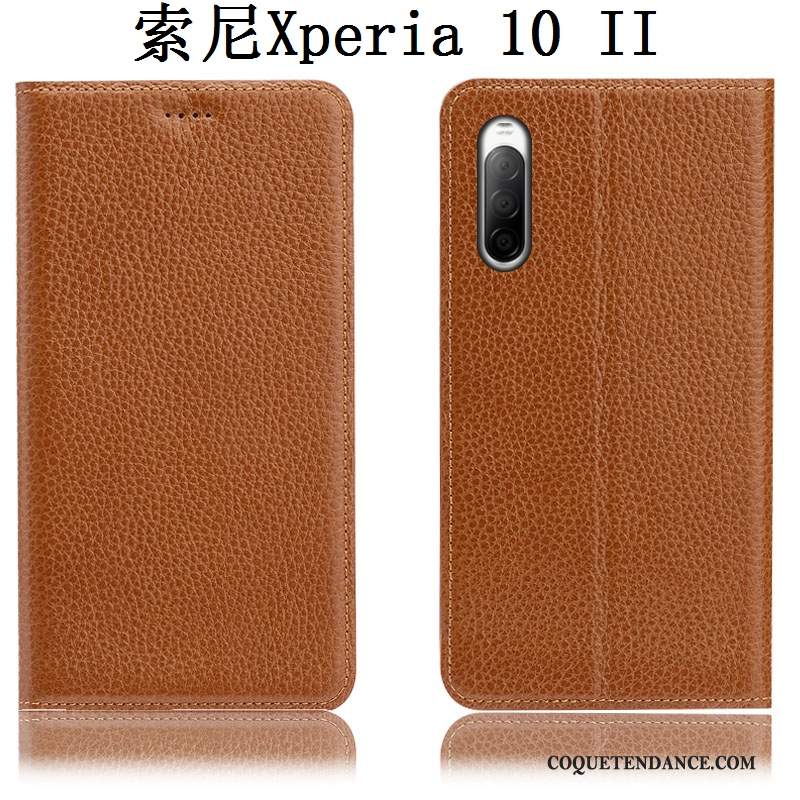 Sony Xperia 10 Ii Coque Protection Litchi Bleu Étui Cuir Véritable