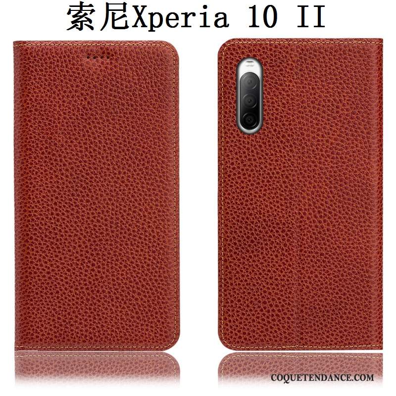 Sony Xperia 10 Ii Coque Protection Litchi Bleu Étui Cuir Véritable