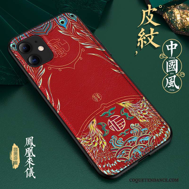 iPhone 11 Coque Cuir Net Rouge Style Chinois Luxe Vert