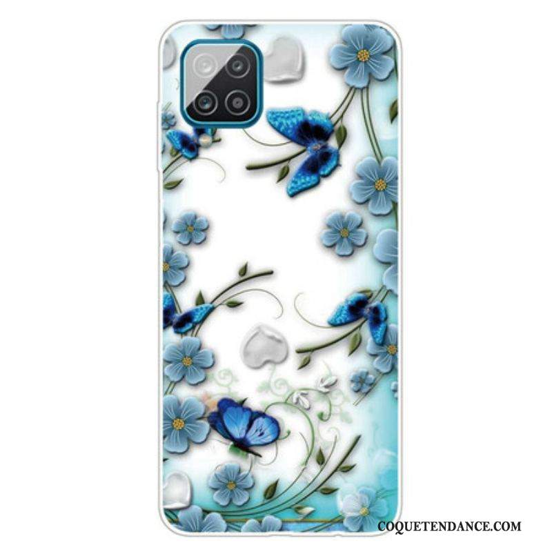 Coque Samsung Galaxy A12 / M12 Transparente Papillons et Fleurs Rétros