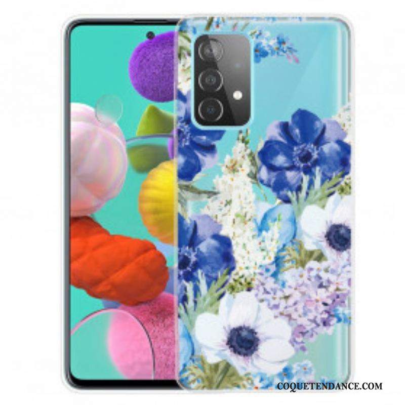 Coque Samsung Galaxy A52 4G / A52 5G / A52s 5G Transparente Fleurs Bleues Aquarelle