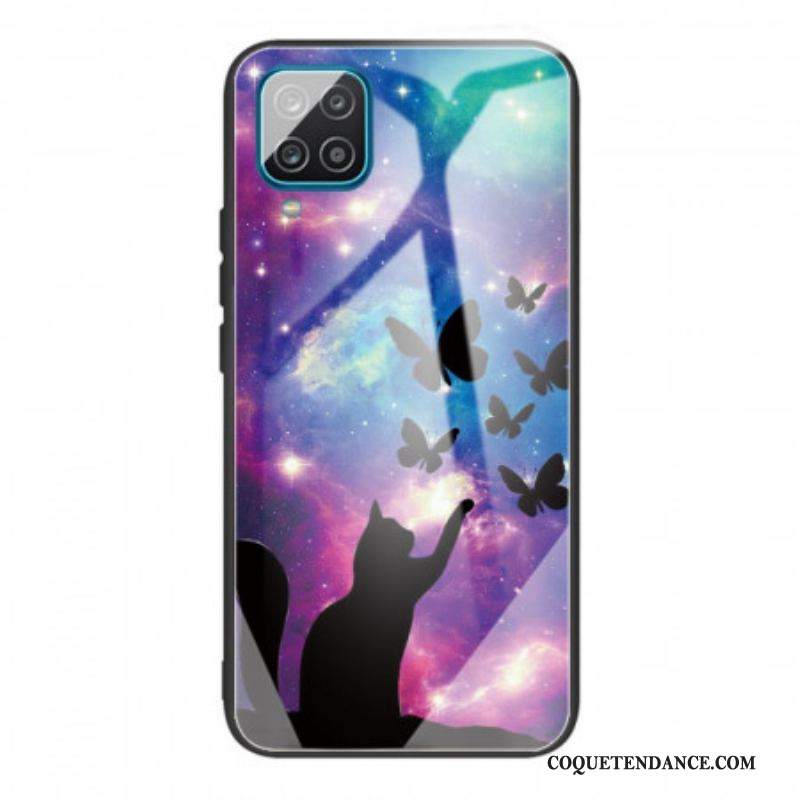 Coque Samsung Galaxy M32 Verre Trempé Chat et Papillons Dans l'Espace