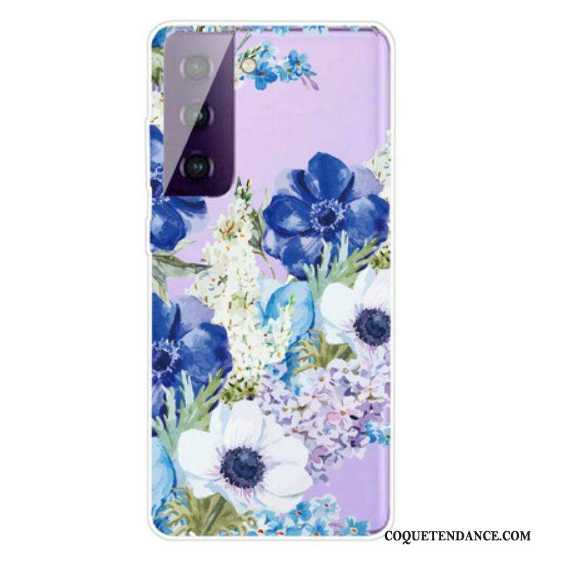 Coque Samsung Galaxy S21 FE Fleurs Bleues Aquarelle