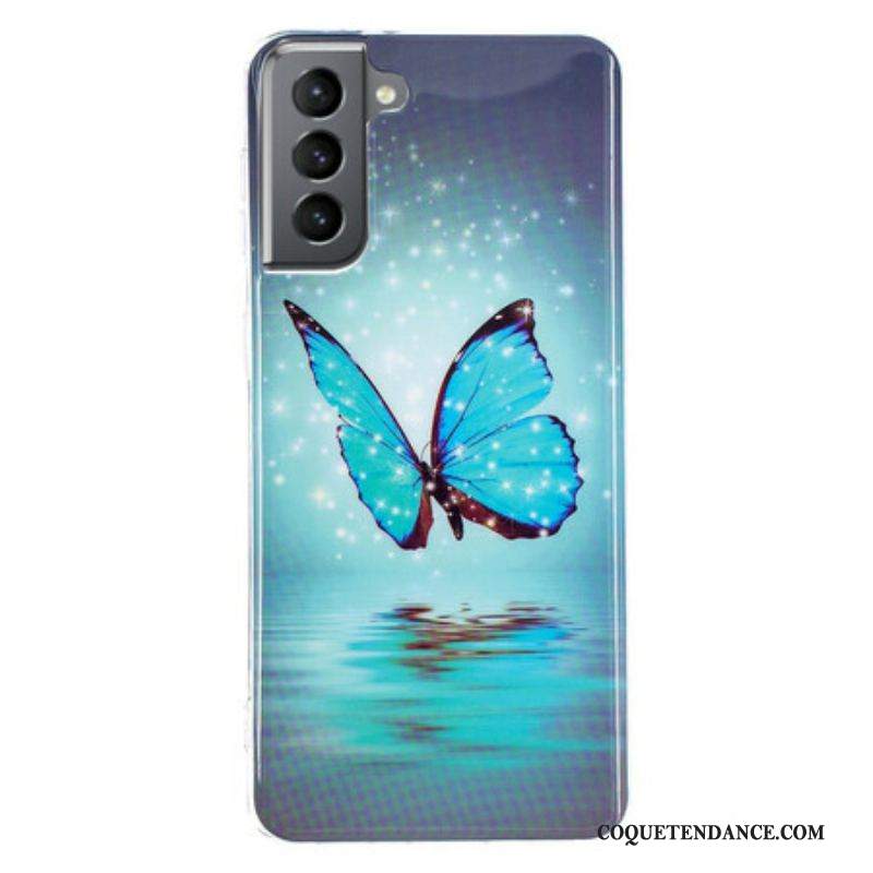 Coque Samsung Galaxy S21 FE Papillon Bleu Fluorescente
