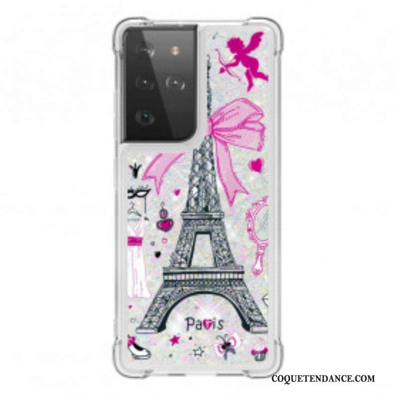 Coque Samsung Galaxy S21 Ultra 5G La Tour Eiffel Paillettes