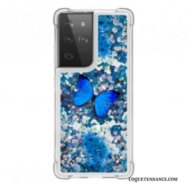 Coque Samsung Galaxy S21 Ultra 5G Papillons Bleus Paillettes