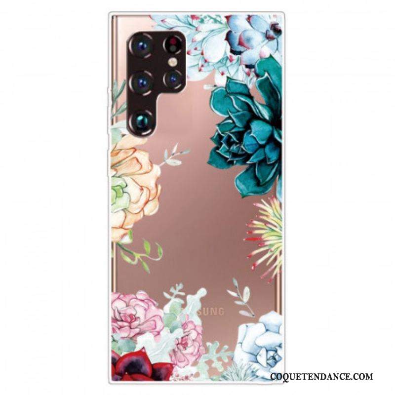 Coque Samsung Galaxy S22 Ultra 5G Transparente Fleurs Aquarelle