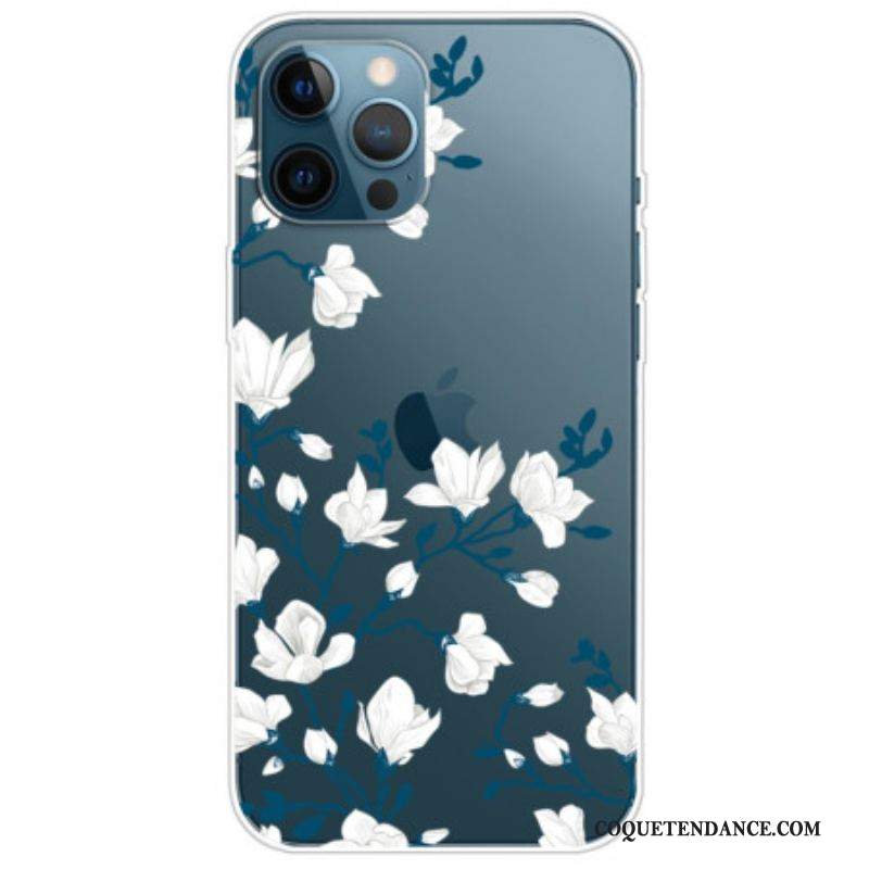 Coque iPhone 14 Pro Transparente Fleurs Blanches