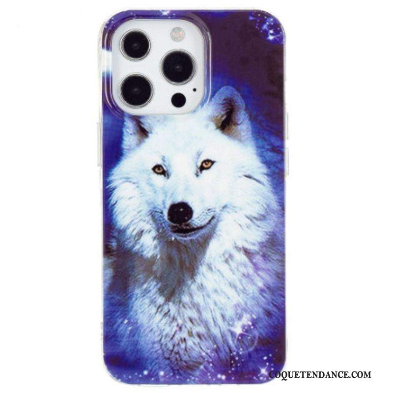 Coque iPhone 15 Pro Fluorescente Loup Blanc