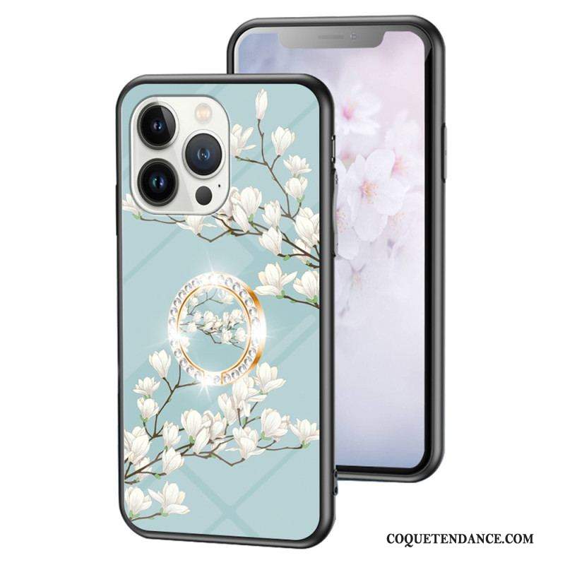 Coque iPhone 15 Pro Verre Trempé Floral avec Anneau-Support