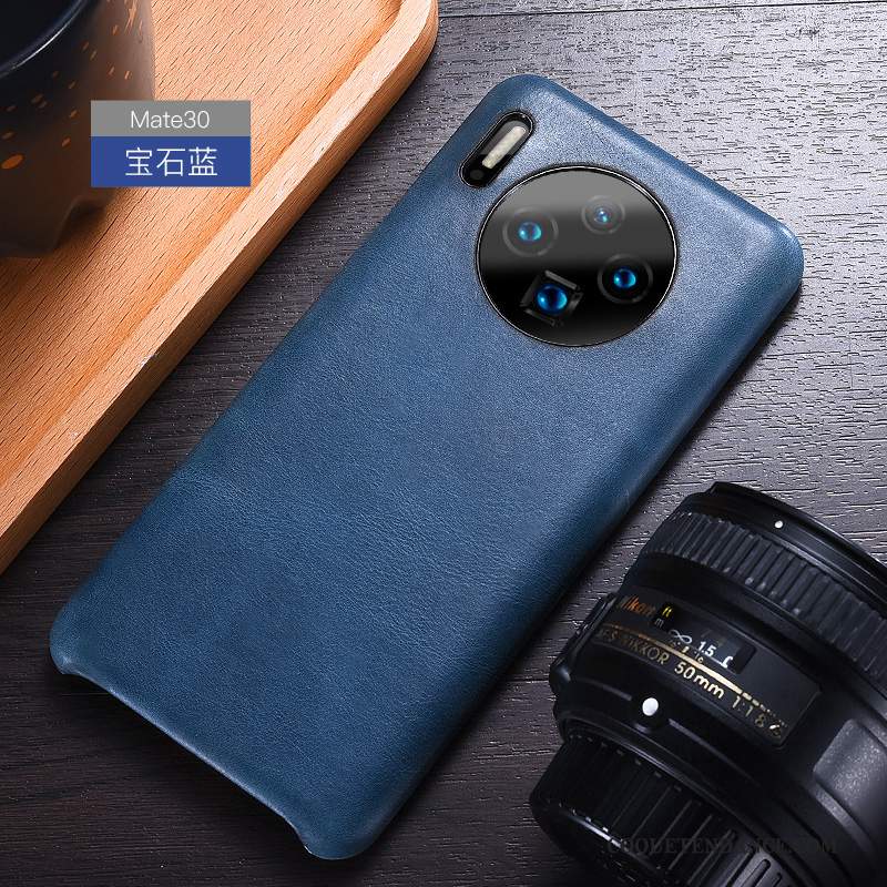 Huawei Mate 30 Coque Business Bleu Cuir De Téléphone Étui